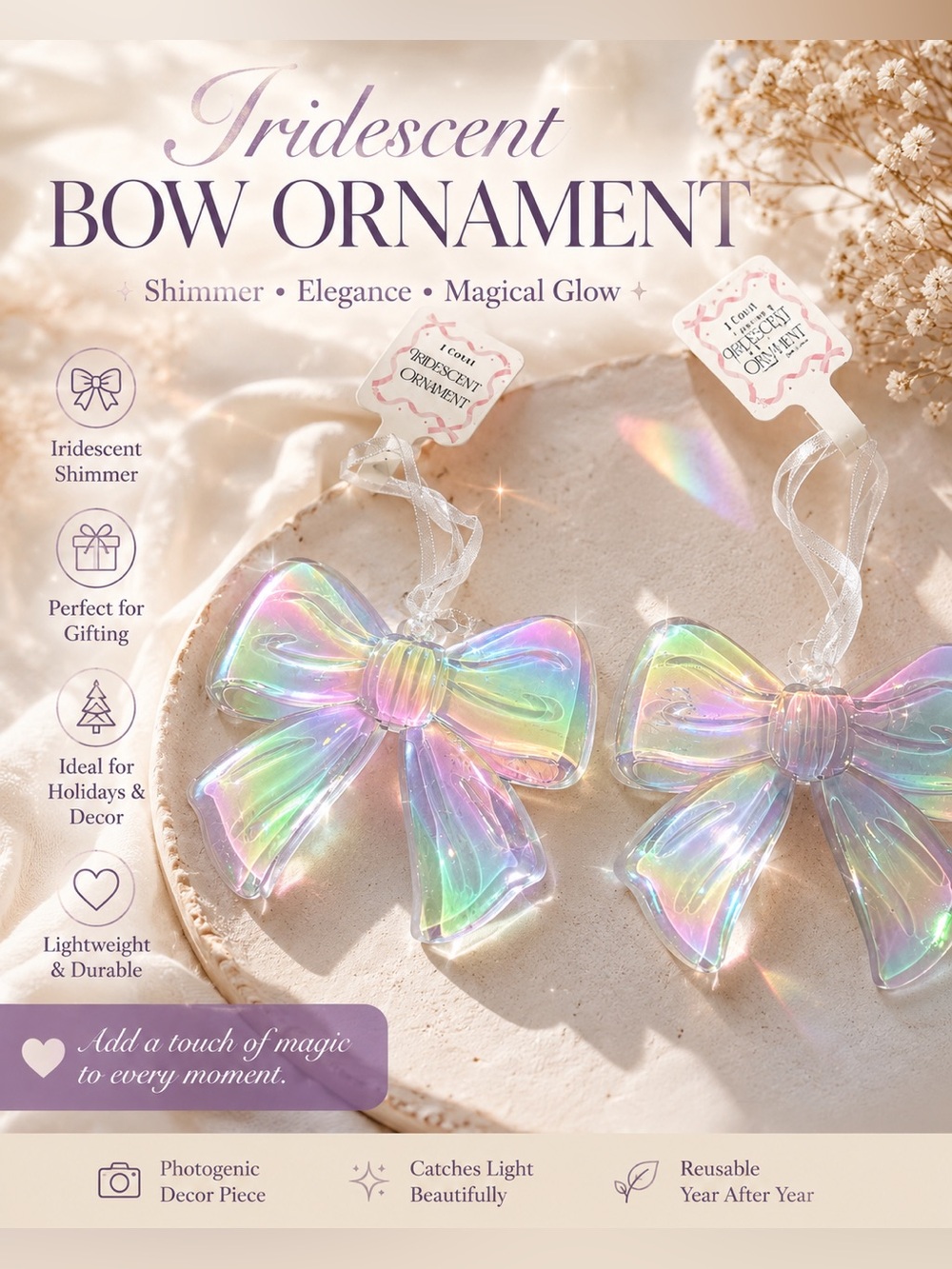 Set of 2 Iridescent Bow Ornaments – Holographic Decorative Bows